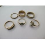 Six 9ct yellow gold rings, stones missing to 2, sixes P,R,Q,S, total weight approx 17.8 grams