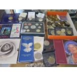 Three silver proof coins, assorted proof sets and loose coins, military buttons