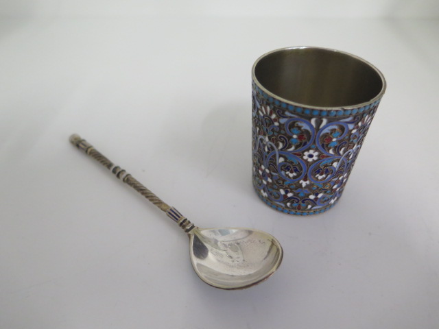 A Russian Klingert 84 silver and enamel beaker, 5.6cm tall, and an 84 silver and enamel spoon 13.5cm