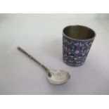 A Russian Klingert 84 silver and enamel beaker, 5.6cm tall, and an 84 silver and enamel spoon 13.5cm