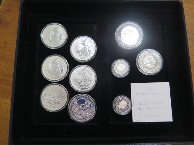 A collection of silver proof coins, 6 Britannia's 2 x £1 coins, a crown and a 50 pence piece, approx