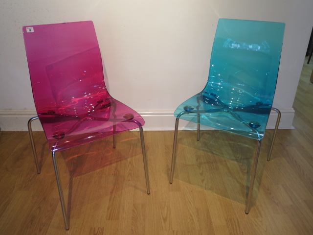 Two Italian design perspex and chrome side chairs, 85cm tall, small usage marks but generally good
