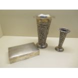 Two silver filigree vases, one weighted 18cm tall and a silver desk box 15cm wide, dents to the