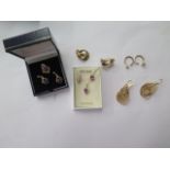 A pair of 9ct amethyst earrings and pendant on chain, 2 pairs of 9ct earrings, 2 pairs of gilt metal