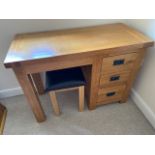 An oak desk / dressing table with 3 drawers and a stool, 107cm wide x 78cm high x 48cm deep