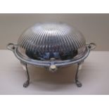 A silver plated foldover top Entree dish, 21cm x 34cm, some wear to plate and denting