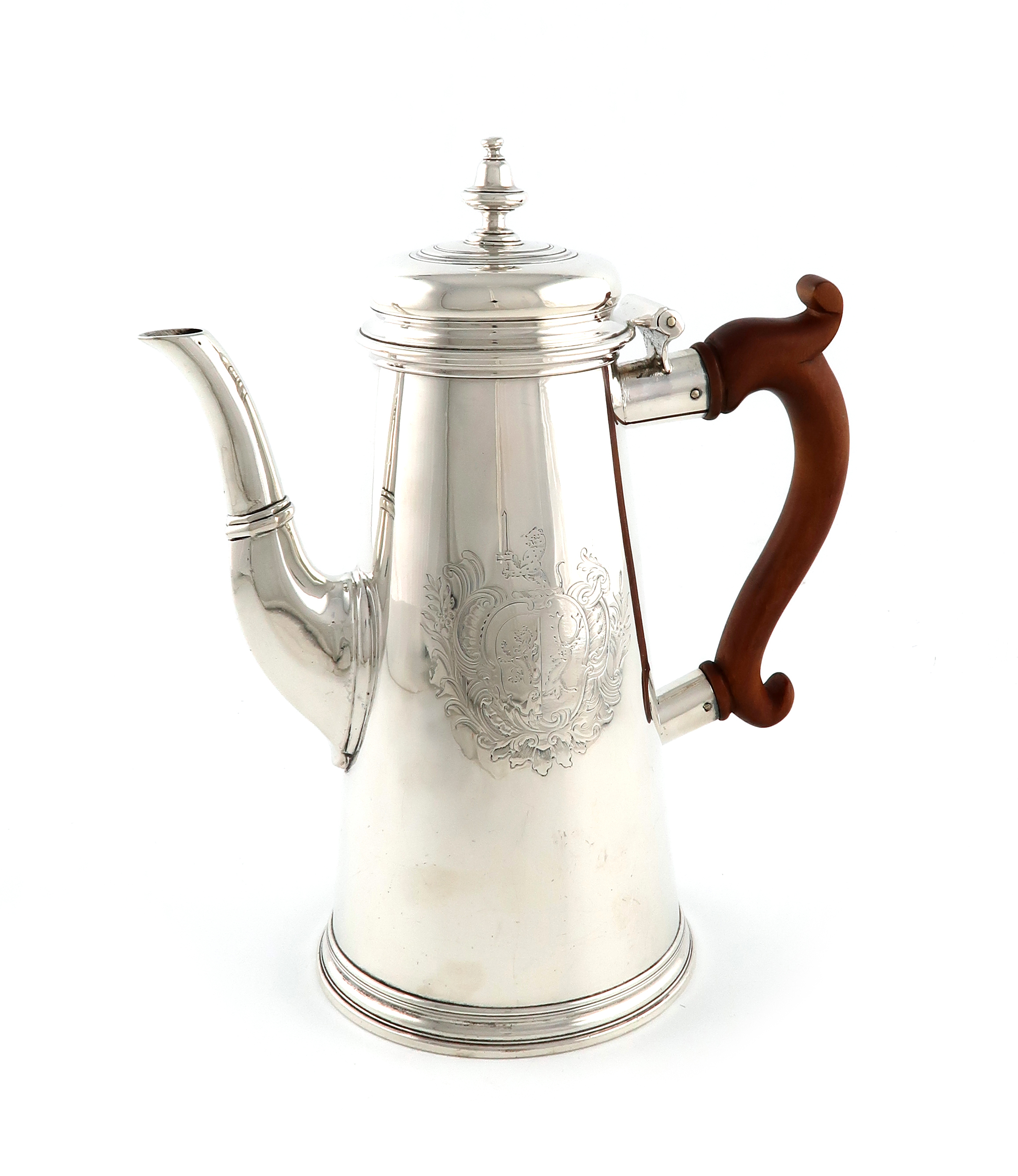 A George II silver coffee pot, by Thomas Farren, London 1730, tapering circular form, scroll handle,