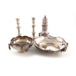 A mixed lot of silver items, comprising: a two-handled bowl of circular form, pierced foliate