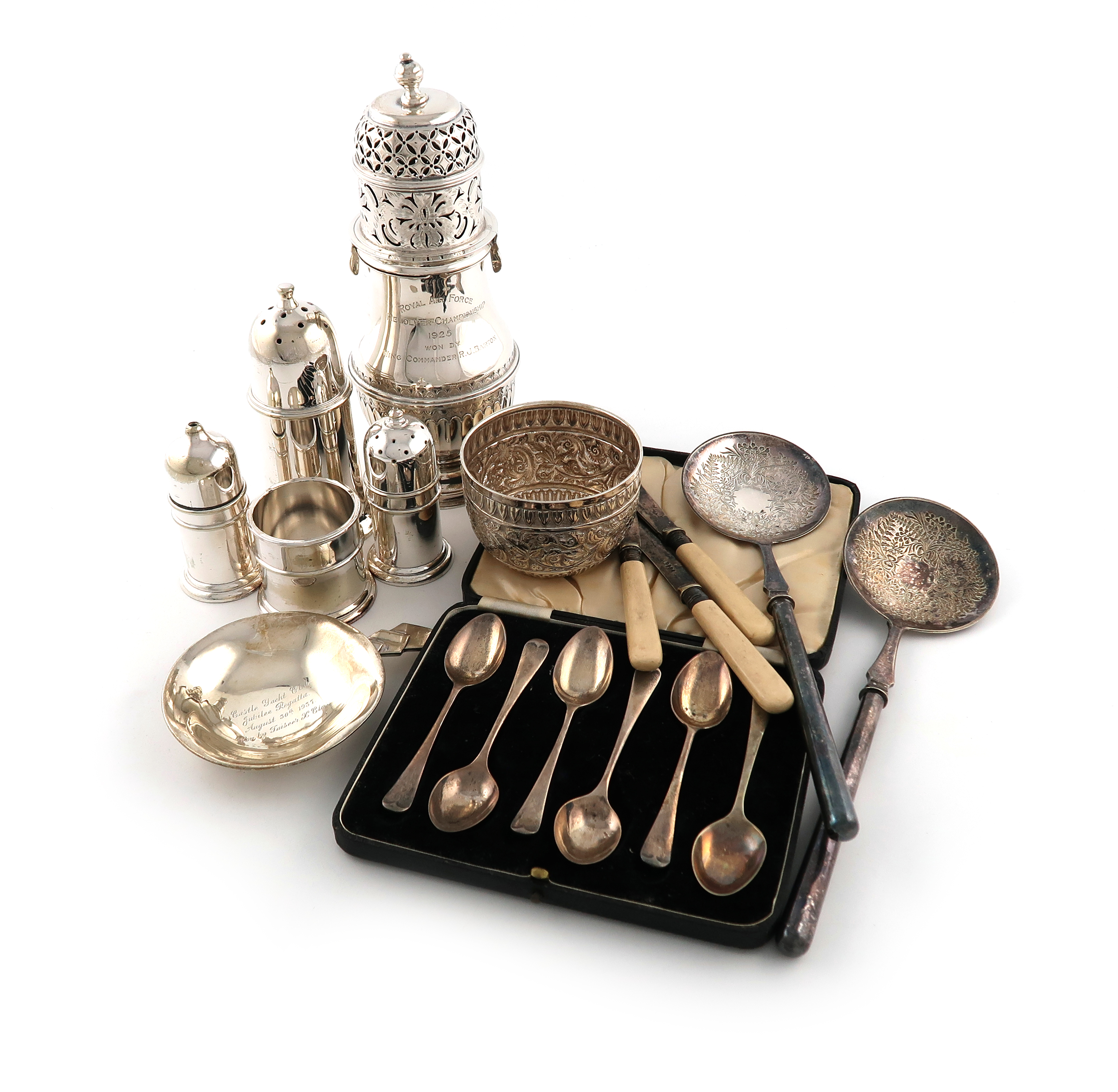 A mixed lot, comprising silver items: a sugar caster, by the Goldsmiths and Silversmiths Company,