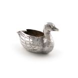 A Victorian novelty silver duck cream/sauce boat, by George Fox, London 1869, modelled in a swimming