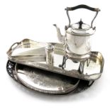 A mixed lot of electroplated items, comprising: an oval gallery tray, inset handles, pierced