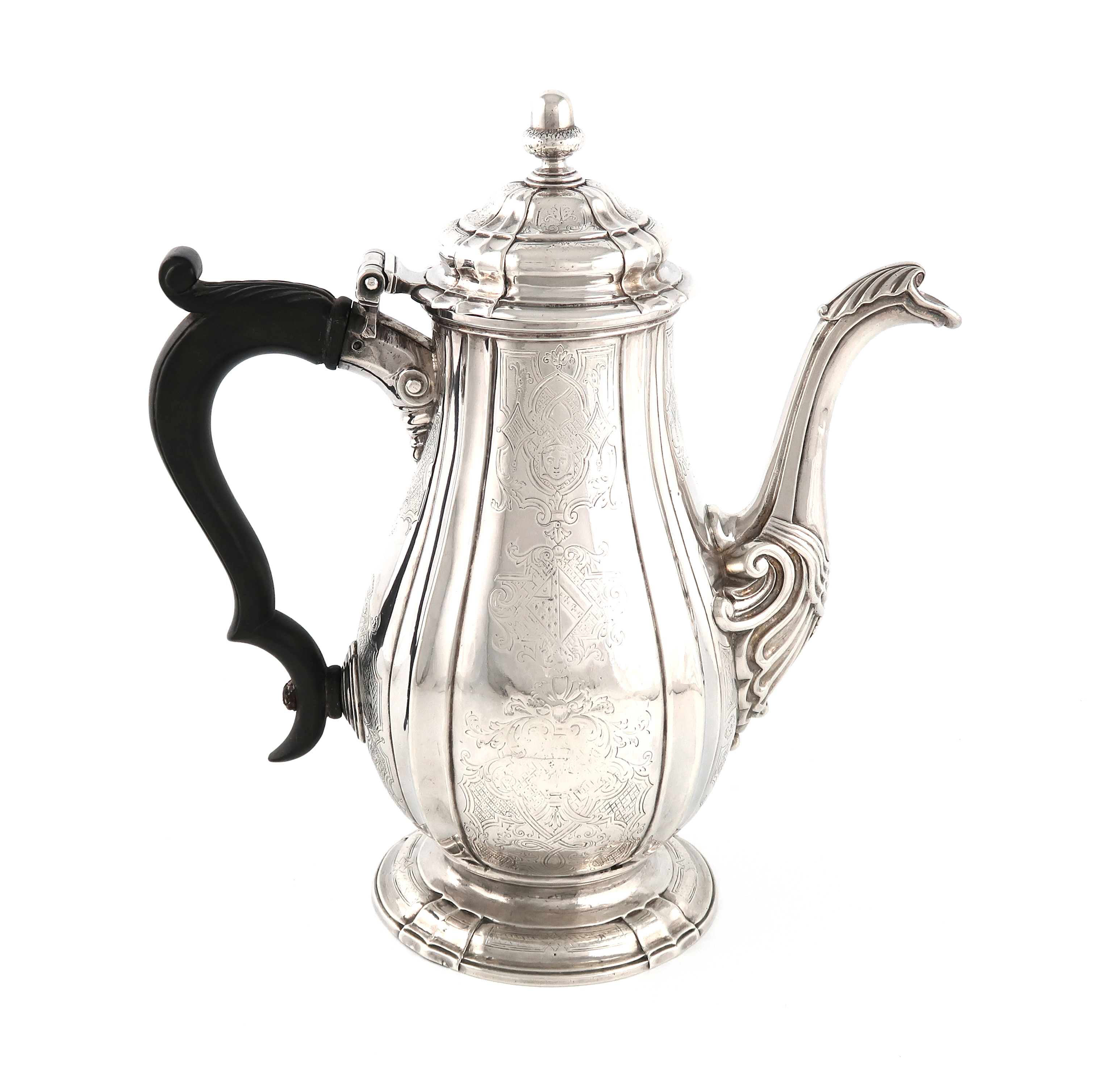 A George II silver coffee pot, by Charles Frederick Kandler, London 1728, ribbed and fluted baluster