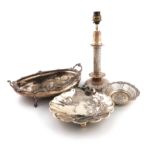 A mixed lot of silver items, comprising: a Victorian lamp base, by Heath and Middleton, London 1887,