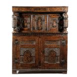 AN OAK AND MARQUETRY COURT CUPBOARD PROBABLY YORKSHIRE, MID-17TH CENTURY inlaid with various