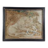 A REGENCY WOOLWORK EMBROIDERED PICTURE OF A LION WITH A SNAKE AFTER JAMES NORTHCOTE, R. A. (1746-