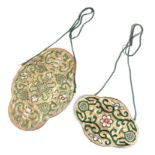 TWO CHINESE SILK AND GILT METAL THREAD EMBROIDERED PURSES EARLY 20TH CENTURY 28.8cm wide (max) (2)