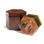 λ AN EARLY VICTORIAN BURR WALNUT AND LEATHER CONCERTINA BY C. WHEATSTONE & CO., C.1850 with forty-