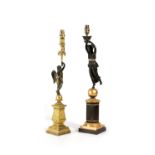 TWO FRENCH GILT AND PATINATED BRONZE FIGURAL TABLE LAMPS EARLY 19TH CENTURY AND LATER one in the