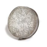 A RARE CHARLES II STEEL SNUFF BOX C.1660-80 the hinged lid engraved with a leopard amongst scrolling