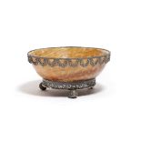 AN ALABASTER FIORITO AND SILVER MOUNTED BOWL PROBABLY ITALIAN OR MALTESE the rim decorated with