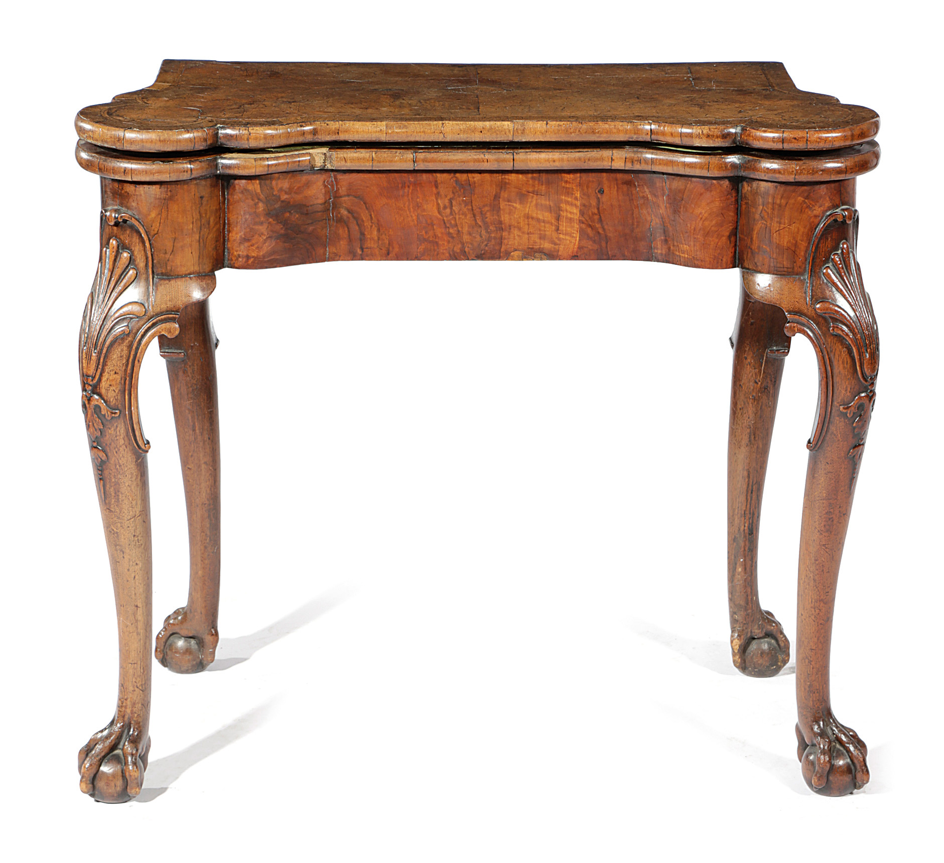 A GEORGE II WALNUT CONCERTINA ACTION CARD TABLE IN THE MANNER OF BENJAMIN CROOK, C.1735 the