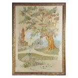 A LARGE NEEDLEWORK PICTURE LATE 19TH / EARLY 20TH CENTURY worked with coloured silks depicting two
