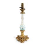 A VICTORIAN BOHEMIAN GLASS AND ORMOLU TABLE LAMP MID-19TH CENTURY the blue glass overlay stem