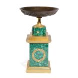 A BRONZE AND MALACHITE TAZZA POSSIBLY RUSSIAN, SECOND QUARTER 19TH CENTURY the patinated bowl cast