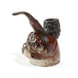 A CARVED WOOD BULLDOG'S HEAD PIPE STAND LATE 19TH CENTURY with glass eyes, together with a carved