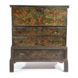 A RARE GEORGE II CHANNEL ISLANDS POLYCHROME PAINTED PINE CHEST ON STAND GUERNSEY, C.1750 painted