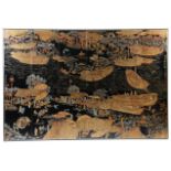 A CHINESE BLACK LACQUER SCREEN 20TH CENTURY of six panels, mounted as one, decorated in gilt and