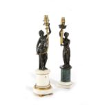 TWO FRENCH GILT AND PATINATED BRONZE FIGURAL TABLE LAMPS 19TH CENTURY AND LATER both with