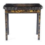 A GEORGE II JAPANNED SERPENTINE CARD TABLE C.1730-40 AND LATER gilt decorated with chinoiserie