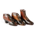 PRINCESS ALICE STEAMER INTEREST. A RARE SET OF THREE VICTORIAN TREEN SNUFF SHOES DATED '1878' AND '
