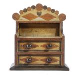 A FOLK ART PAINTED PINE BOBBIN STAND LATE 19TH / EARLY 20TH CENTURY decorated with rondels, lozenges
