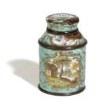 A GEORGE III BILSTON ENAMEL TEA CANISTER / CADDY C.1760 decorated with gilt Rococo scrolls on a