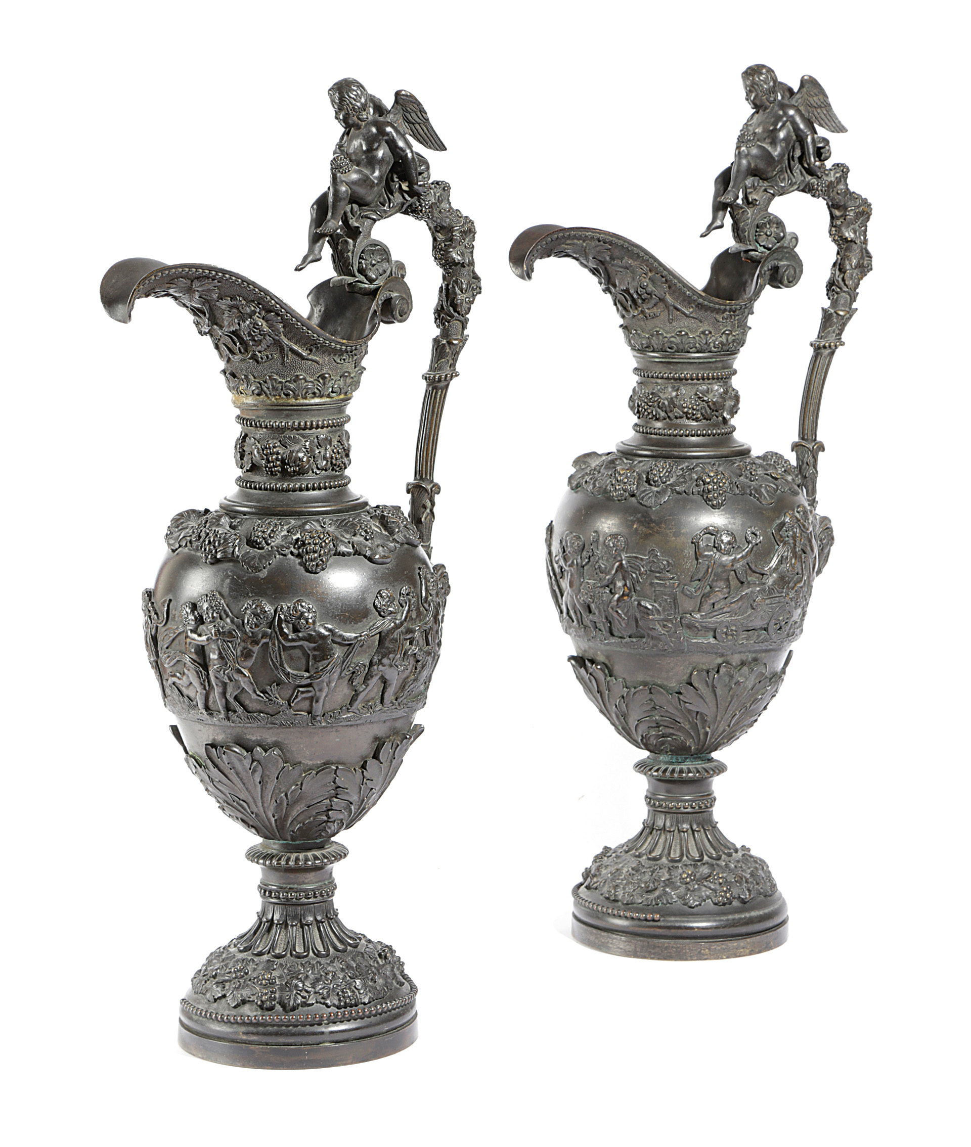 A LARGE PAIR OF BRONZE EWERS IN RENAISSANCE STYLE FRENCH OR ITALIAN, LATE 19TH CENTURY relief