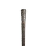 AN INDIAN EBONY AND SILVER CANE OR PARASOL HANDLE 19TH CENTURY the silver handle with scrolling