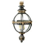 A FRENCH EBONISED AND GILT COPPER HALL LANTERN 19TH CENTURY with an oak leaf and acorn corona, above