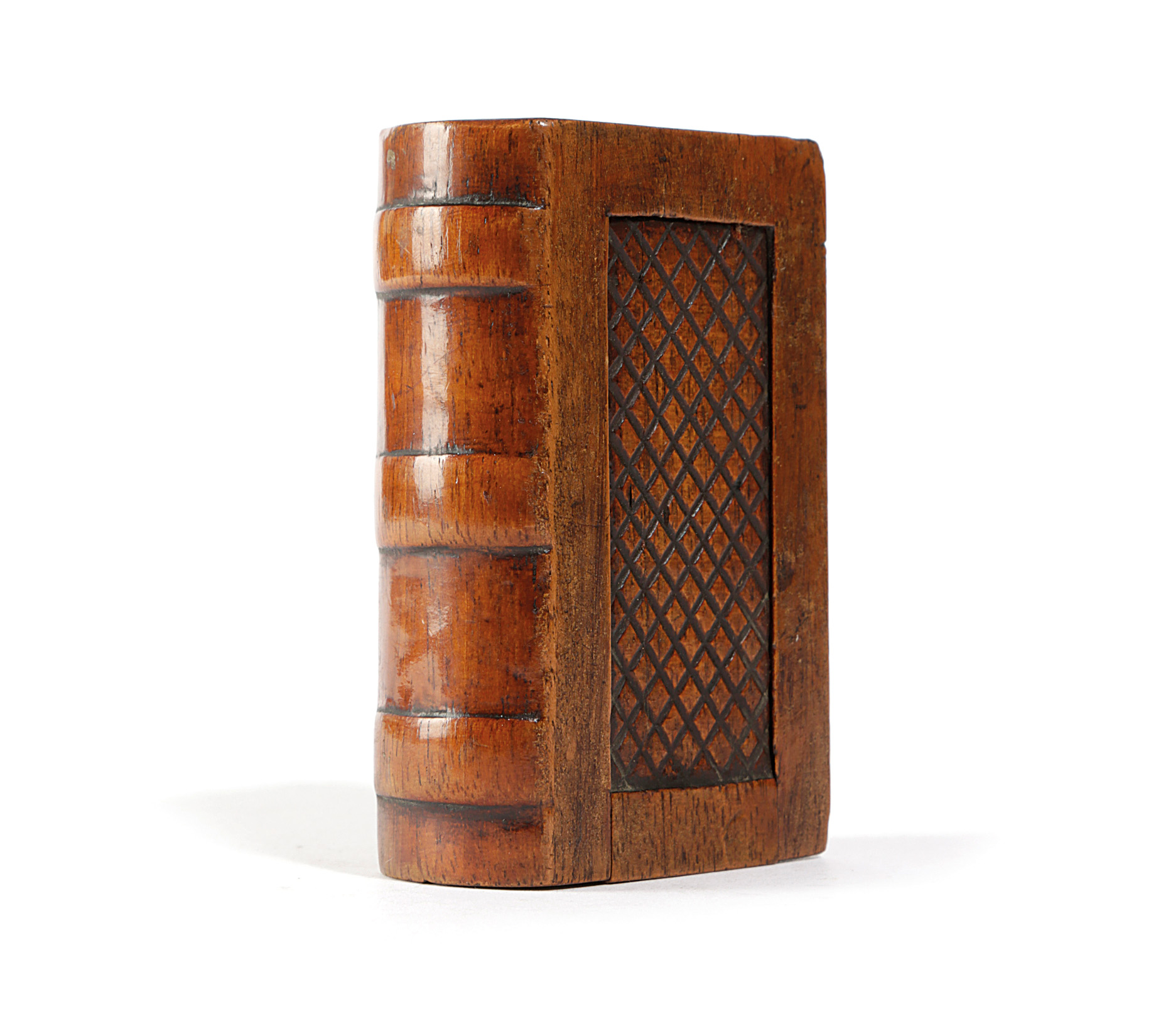 A VICTORIAN MAHOGANY SNUFF BOX IN THE FORM OF A BOOK MID-19TH CENTURY with a sliding cover 9cm wide