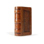 A VICTORIAN MAHOGANY SNUFF BOX IN THE FORM OF A BOOK MID-19TH CENTURY with a sliding cover 9cm wide