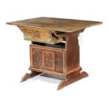 A SWISS PAINTED PINE RENT TABLE LATE 18TH / EARLY 19TH CENTURY the sliding top above a drawer, the