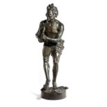 A LARGE FRENCH BRONZE OF A BACCHANALIAN MUSICIAN LATE 19TH / EARLY 20TH CENTURY with a grapevine