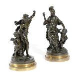 A PAIR OF FRENCH CLASSICAL BRONZE GROUPS LATE 18TH / EARLY 19TH CENTURY each depicting a goddess led