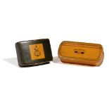 TWO SCOTTISH SYCAMORE MAUCHLINE WARE SNUFF BOXES 19TH CENTURY each with a crest, one of curved form,