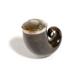 A SCOTTISH HORN AND SILVER MOUNTED SNUFF MULL EARLY 19TH CENTURY the hinged lid with initials 'D W',