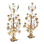 A PAIR OF VICTORIAN GILT BRASS AND OPALINE GLASS FIVE-LIGHT CANDELABRA C.1870 each with an urn