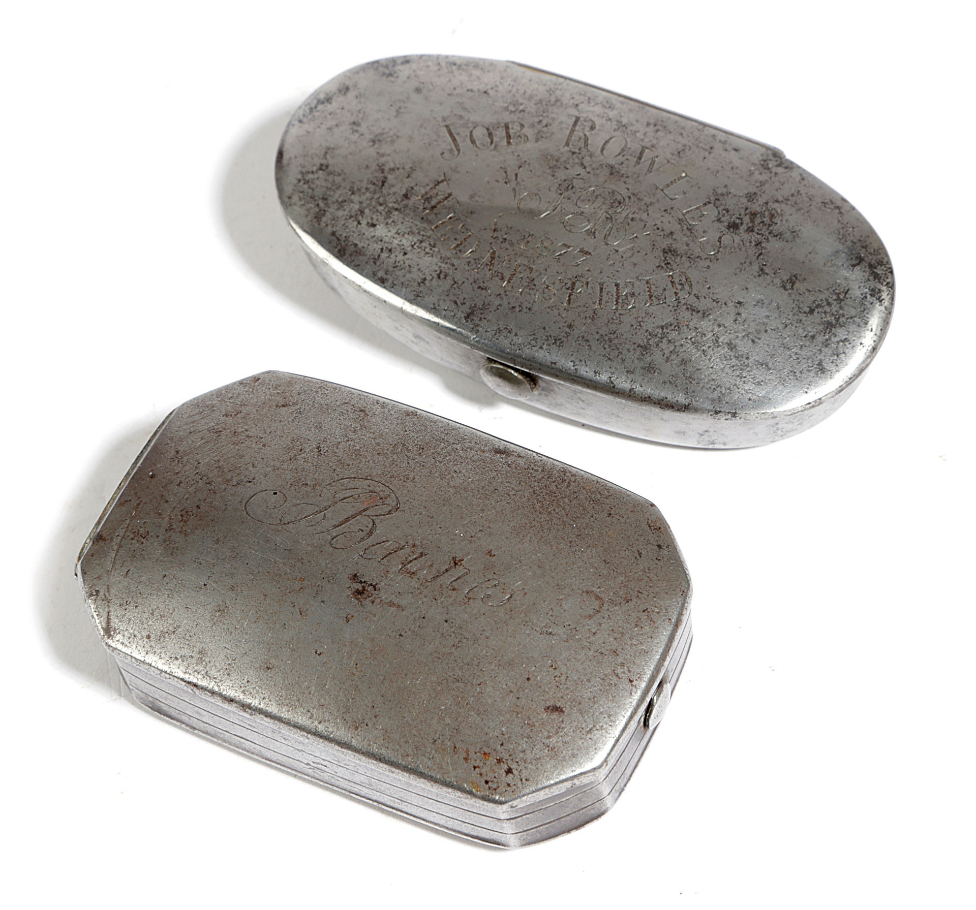 A GEORGE III STEEL SNUFF BOX C.1770-80 of canted rectangular form, the hinged lid inscribed with