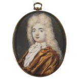 Manner of Benjamin Arlaud Portrait miniature of a gentleman wearing a brown cloak and long wig On