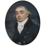 λFrench School Late 18th Century Portrait miniature of a gentleman wearing a blue coat with black